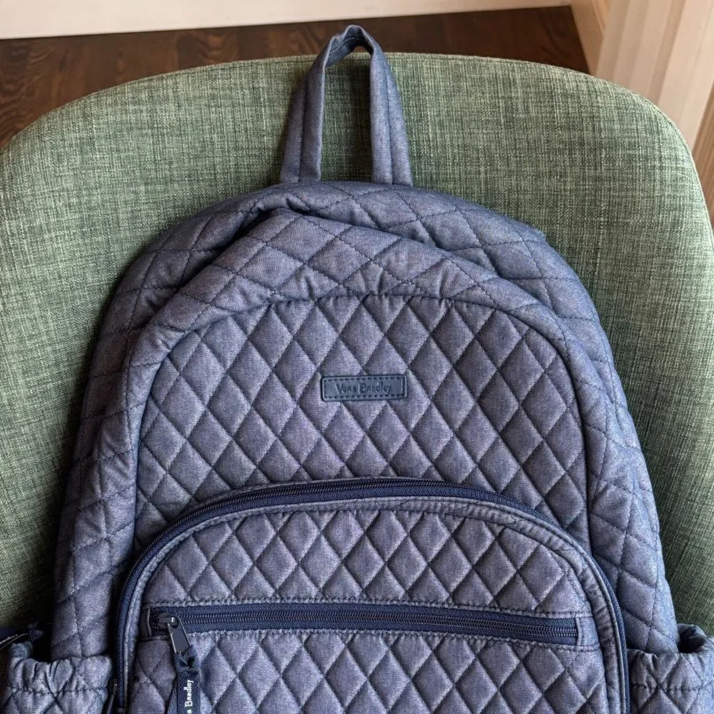 Vera Bradley Essential Quilted Blue Backpack neutral floral travel school NWOT